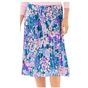 Lilly‎ Pulitzer Giavana Pleated Floral Print Midi Skirt Blue Pink Size L Large